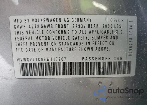 2009 Volkswagen Gti z USA, uszkodzony, nr VIN WVWGV71K99W117207